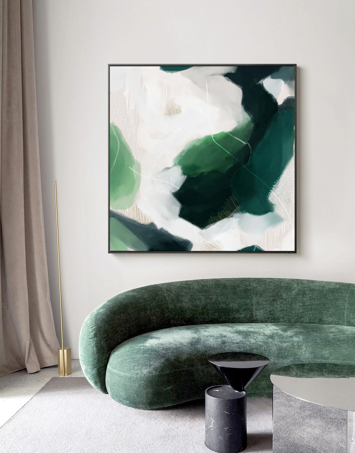 70cmx70cm French Abstract Canvas Wall Art featuring green and black colors, elegantly framed with a floating design.